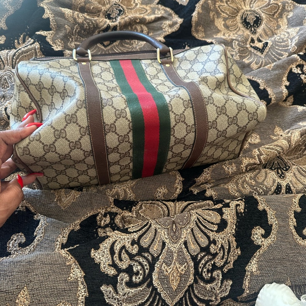 Gucci Monogram Canvas Boston  Handbag with Green and Red Stripe vintage - Picture 4 of 8
